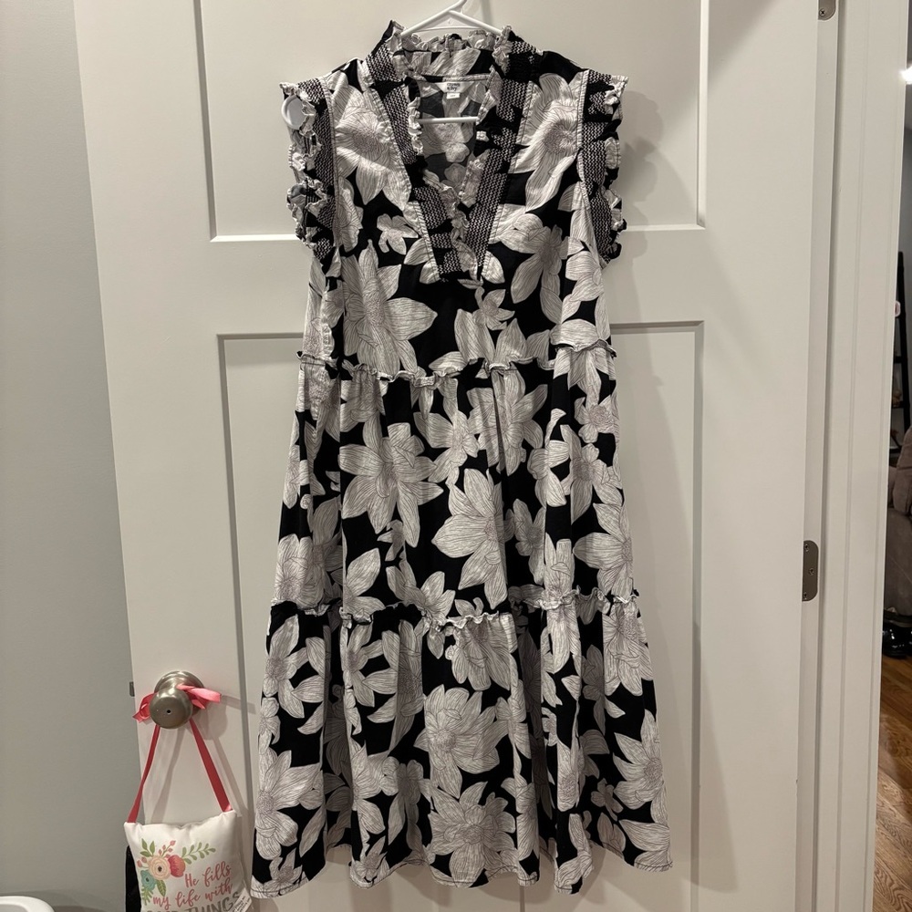 Crown & Ivy Smocked Ruffle Neck Midi Dress